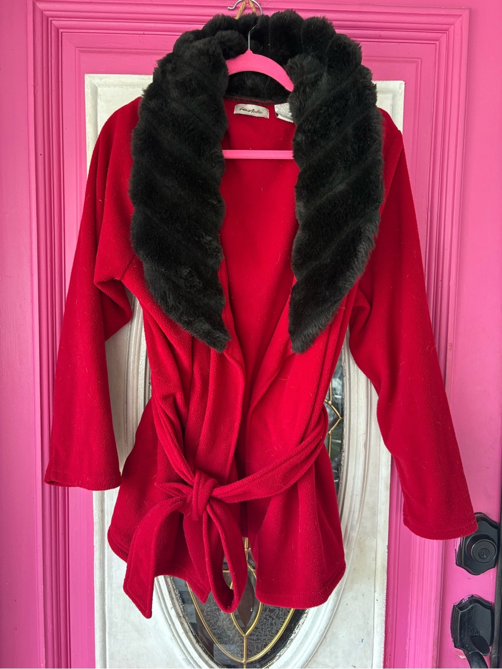 Vintage 80s Red Wrap Trench Coat with Black Faux Fur Collar